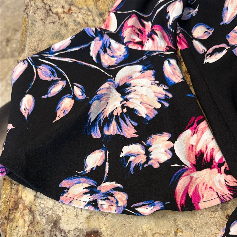Eliza J Black Dress with Pink Floral and Bell Sleeves - Picture 2 of 4